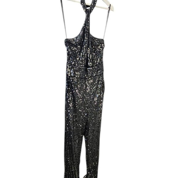 Anthropologie Maeve Sequin Halter Jumpsuit Black & Silver Wide Leg, Size 8, NWT - Picture 3 of 13